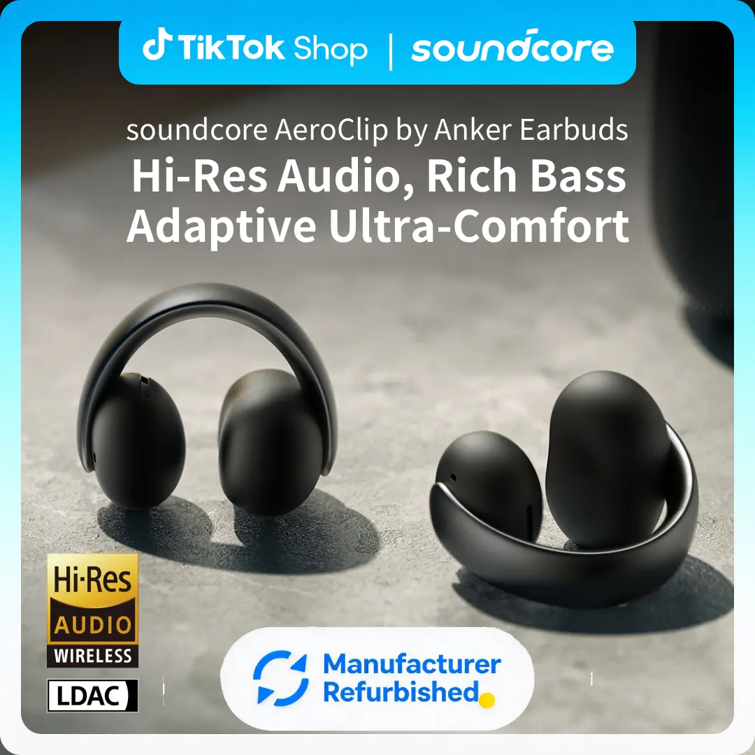 [Refurbished]soundcore AeroClip by Anker, Open-Ear Earbuds, Clip-On Headphones, Adaptive Comfort, Clear Calls with 4 Mics and AI, Stable Fit, 12mm Drivers for Powerful Bass, Hi-Res, Open-Ring Design