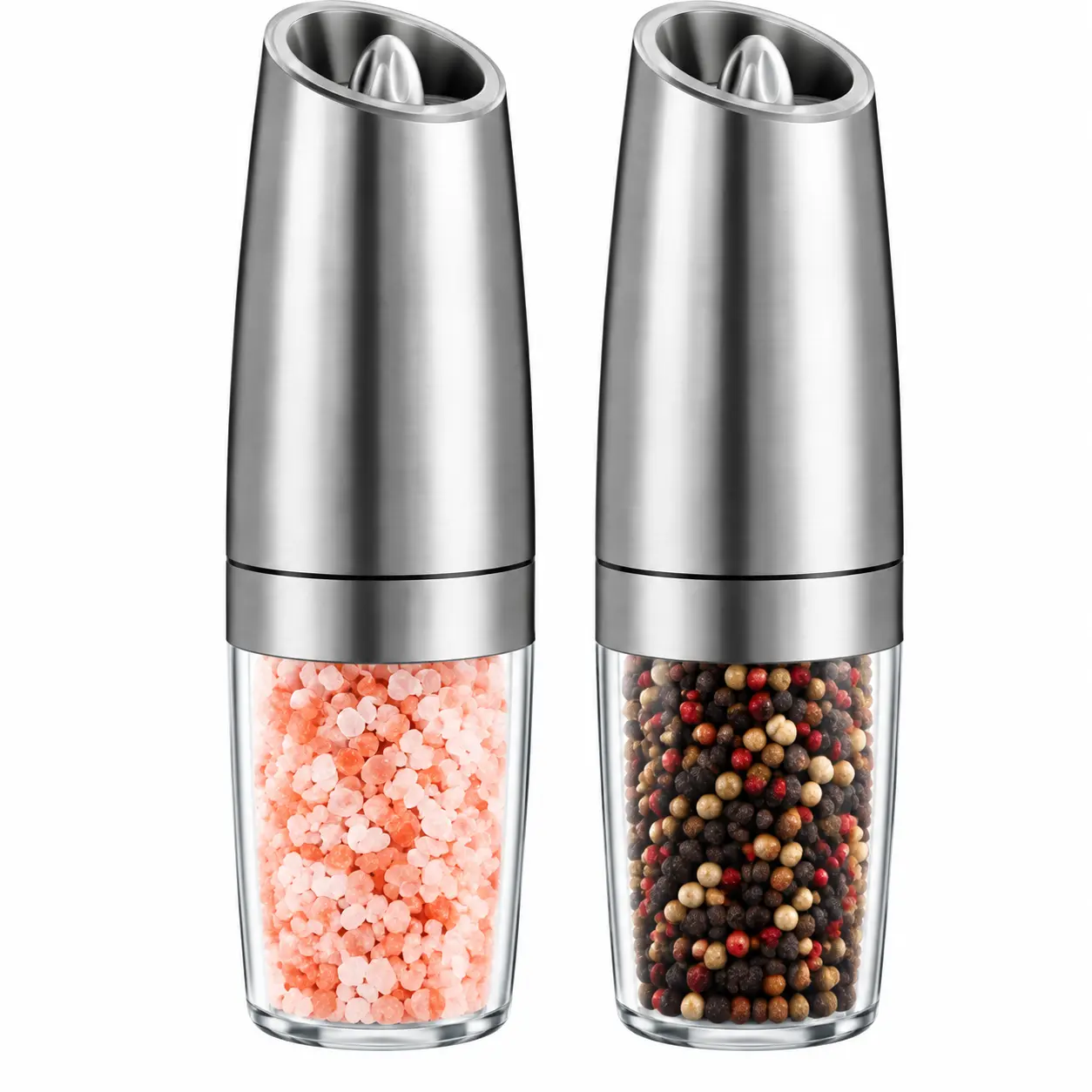 2-Pack Stainless Steel Refillable Electric Salt and Pepper Grinder Set, Automatic Gravity Seasoning Mill with LED Light, Adjustable Grind Ceramic Grinder for Kitchen Cooking