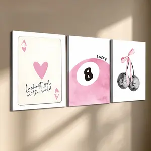 3 Pcs/Set Wooden-Framed Canvas Painting, Lucky Girl Coquette Triptych Canvas Wall Art, Pink Aesthetic Print for Living Room, Bedroom, Office Decoration, Modern Home Decor, Fashion Artistic Ornaments, Artwork
