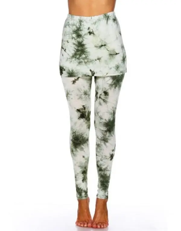 212 MAIN Lady Cotton Workout Leggings - Fold-Over Top, Tie Dye Print Skirted Bottom, Green Extra Large Skinny Yoga Pants (White Mark Universal 203-04-XL)