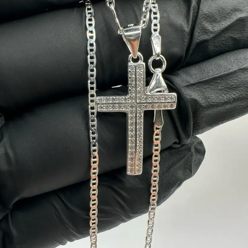 925 Sterling Silver Small Cross Necklace for Women & Kids | 22” Italian Mariner Chain | Mexican & Italian Silver
