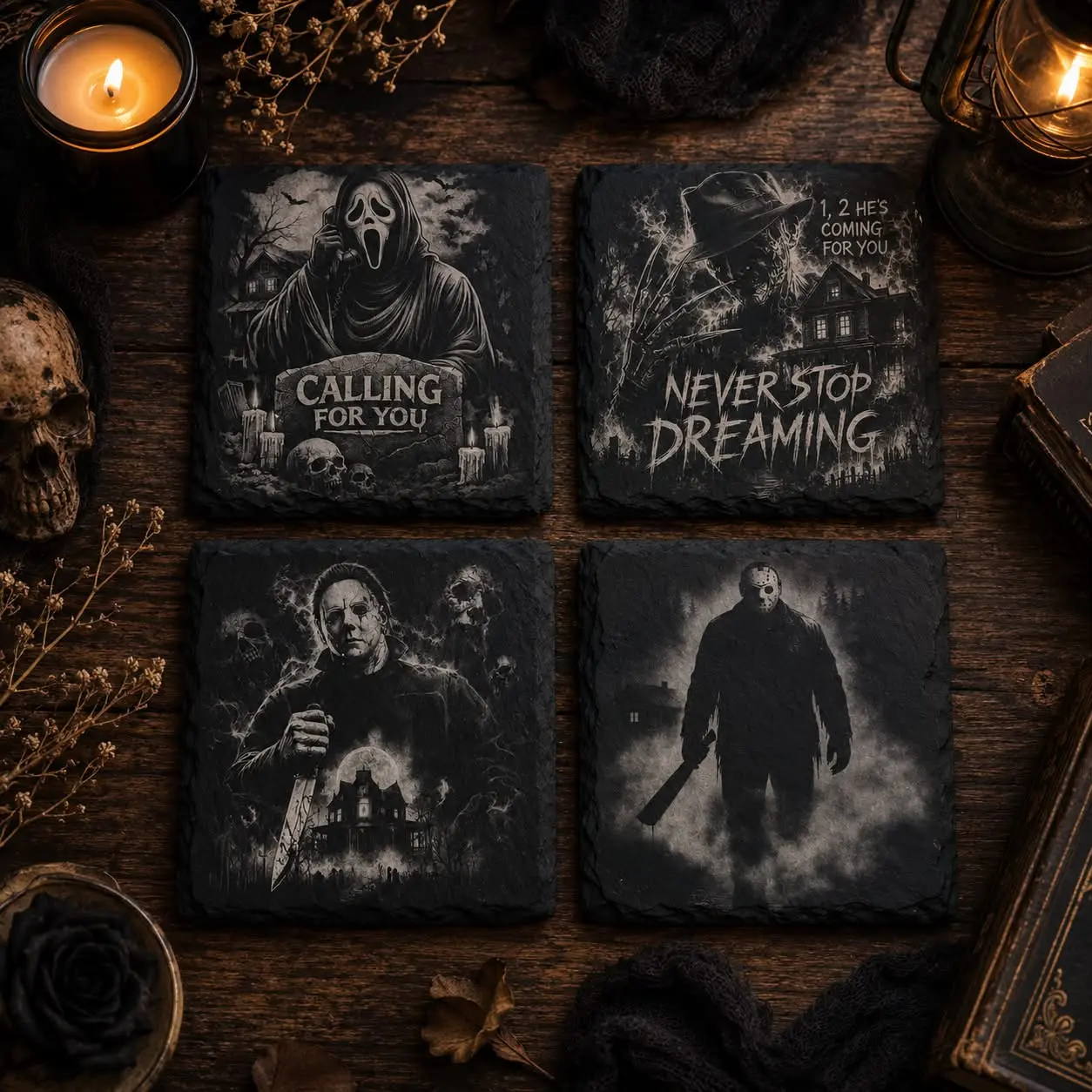 Horror movie slate coasters.