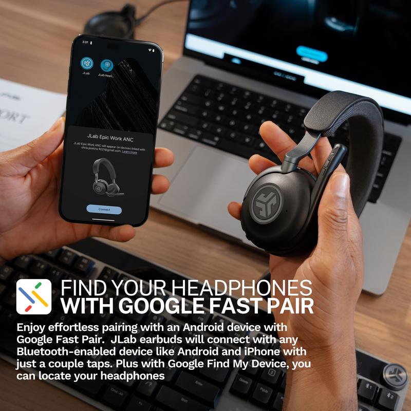 JLab Epic Work ANC Wireless On-Ear Headset Black, Quick Mute Rotating Boom Mic, 2 in 1 Docking Station, Fast Pair, Premium Work Headset, Noise Cancellation, Bluetooth, Crystal Clear Call Quality