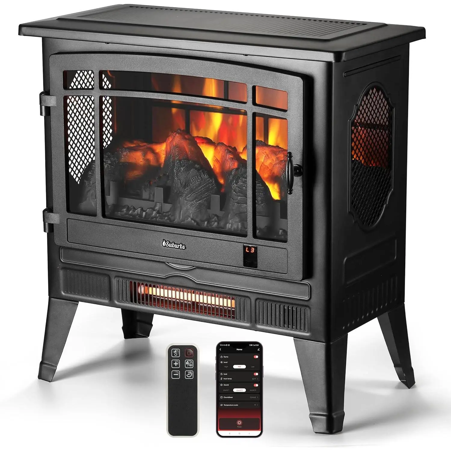 TURBRO Freestanding Infrared Electric Fireplace Stove Heater - Home Supplies, Room Heating, Crackling Sound, Adjustable Flame Effects, Overheating Protection, Timer, Remote Control, Optional WiFi