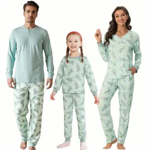 cheibear Christmas Tree Long Sleeve Tops with Pants Lounge Family Sleepwear Pajama Sets Green Light Green Women's Small