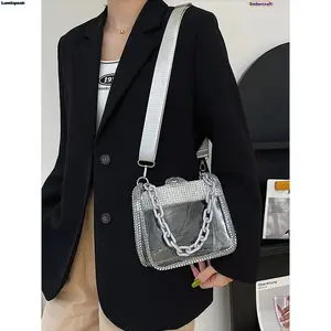 Women’s Transparent PVC Saddle Crossbody Bag, Retro Style Mini Purse With Sparkling Diamond Chain Strap, Lightweight Stylish Handbag Ideal For Daily Casual Outfits, Concerts And Stadium Activities