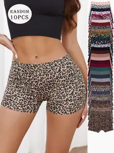 Women's Leopard Pattern Fitted Underwear Set, Random Color Pack of 10, Comfortable Ice Silk Seamless Design, All-Season Wear