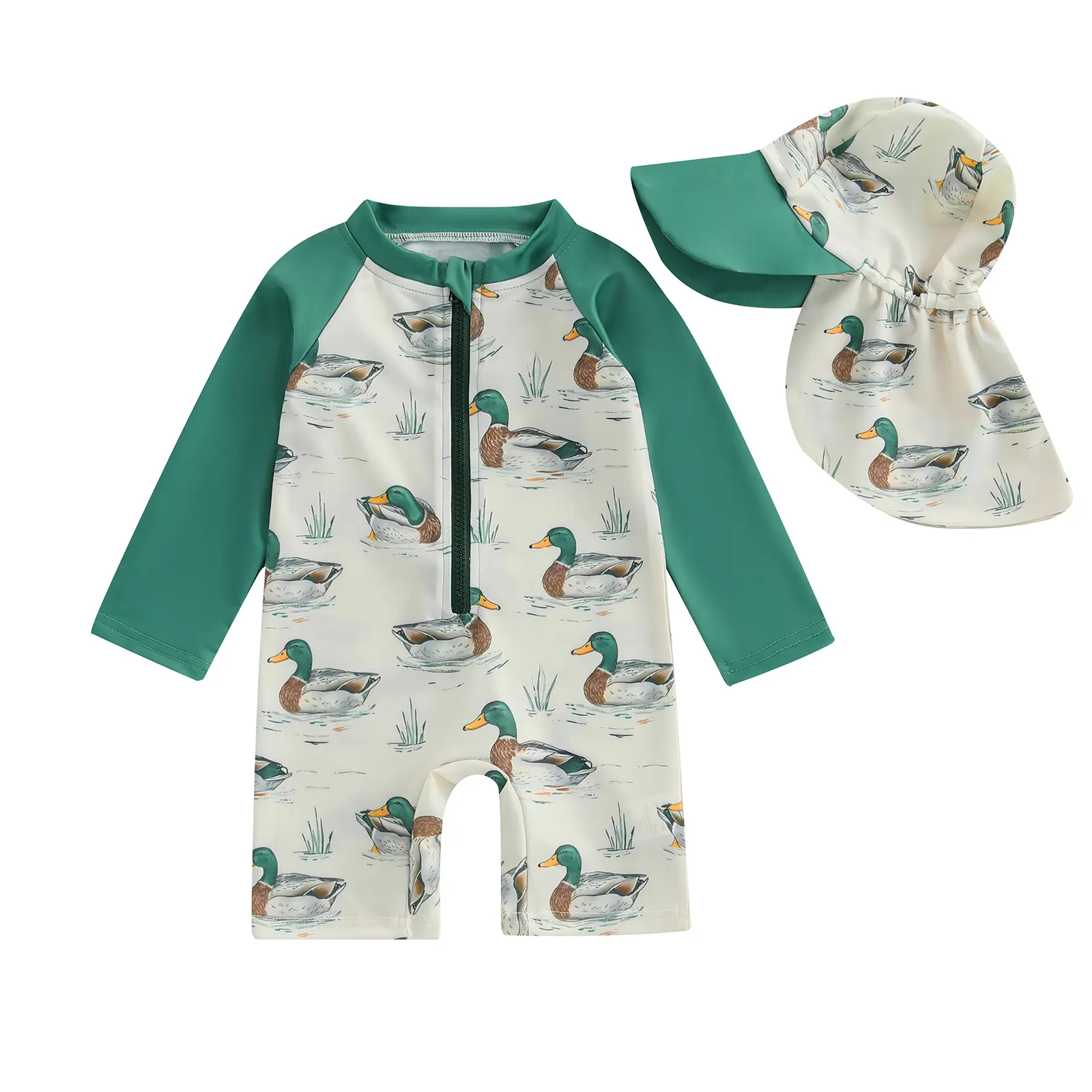 Baby Boys' Long Sleeve 1-Piece Hunting Duck Rash Guard Swimsuit Set - Newborn-Toddler Polyester Zipper Bathing Suit with Hat, Casual Outdoor Fun Romper (Casual, Polyester Long Sleeve 1-Piece Set Baby Boys Swimwear), Casual Baby Boys Swimwear, Polyester Ba