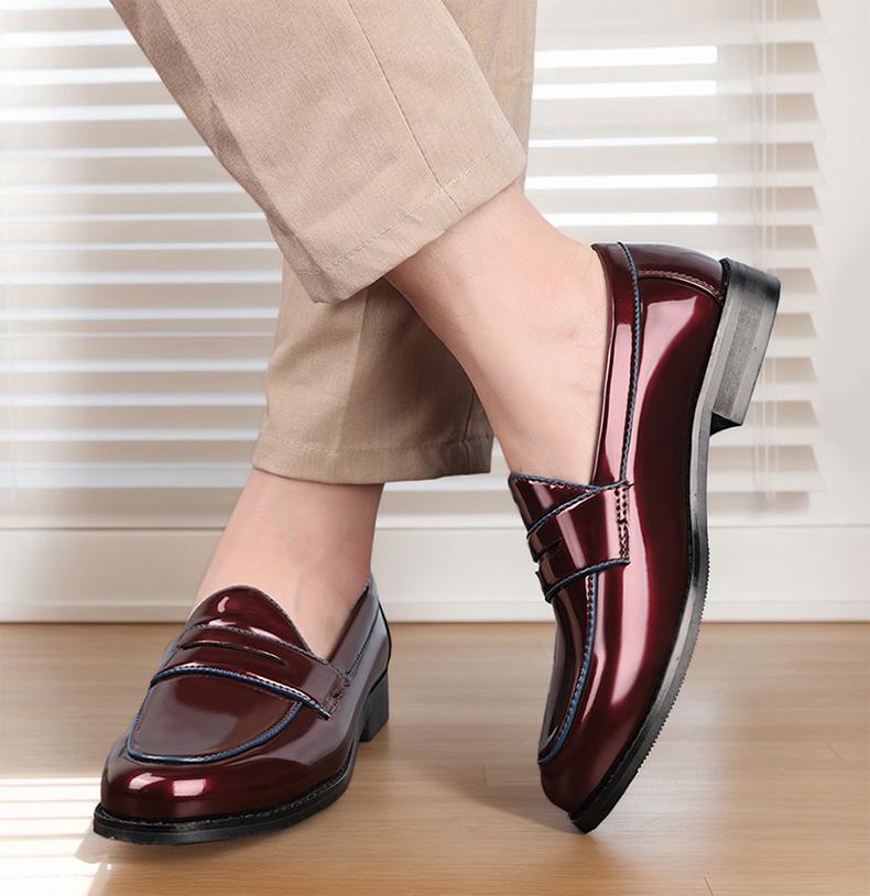 Men's Contrast Stitch Penny Loafers, Glossy Slip-On Formal Dress Shoes8662