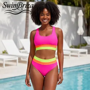 Briza｜High Waisted Tummy Control Bikini Set for Women Scoop Neck Color Block Swimsuit in Neon Pink Orange Chartreuse Sour Stripe Two-Piece Bathing Suit Swimwear for Summer Vacation Beachwear, Women's Swimwear, Bathing Suit for Women