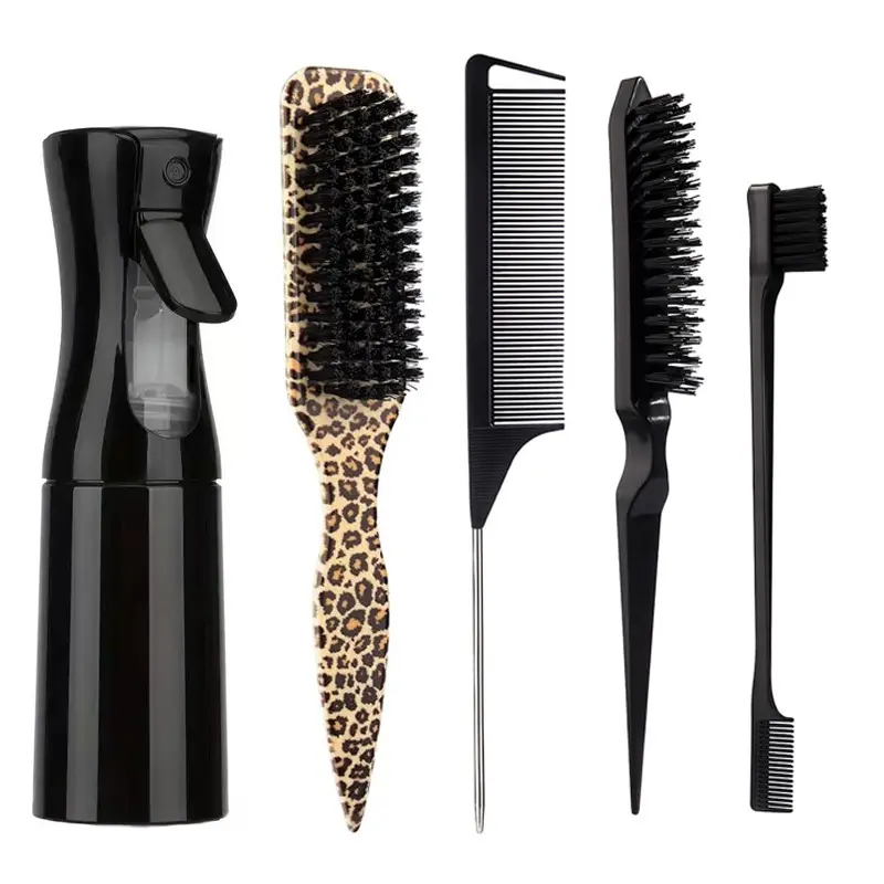 5 Pcs Hair Styling Tool Set, Hairdressing Tool Set, with Spray Bottle, Leopard Print Hair Brush, Eyebrow Brush, Pin Tail Comb, Edge Brush, Hair Smoothing & Shine Restoring, Heatless Styling, Barber Accessories, Salon & Travel Essentials