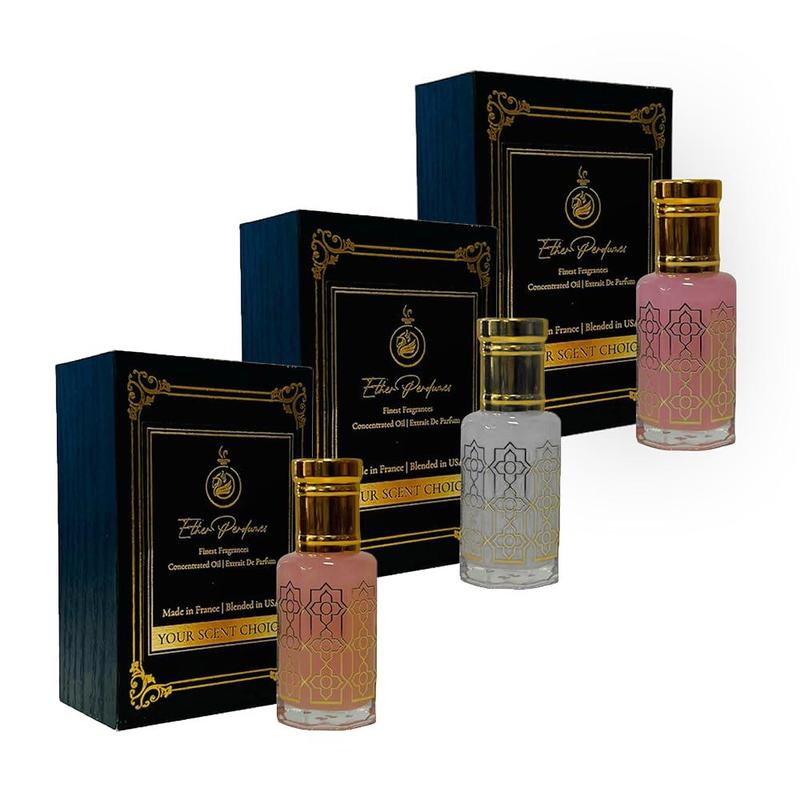 Ether Perfumes Musk Tahara Combo 3Pc Set 3 x 12mL - Alcohol Free Arabian Body Oil Perfume with Glass Dapper (WHITE MUSK+PINK MUSK+ BLUEBERRY MUSK)