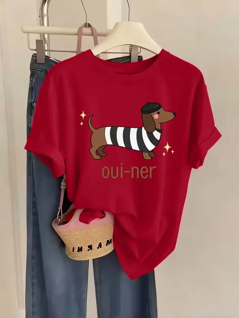 Cute French Beret Dachshund Graphic T-Shirt Striped Wiener Dog Casual Women Short Sleeve Tee The Trendy Print and the Comfortable Round Neck Are Combined