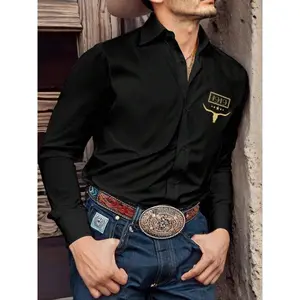Men's Regular Fit Cowboy & Bull Head Print Long Sleeve Shirt, Casual Comfy Button Front Collared Top for Business Work Office, Menswear for All Seasons, Casual Party ShirtGift