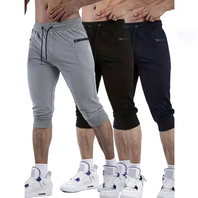 Men’s three-quarter pants — new summer joggers/outdoor casual pants with drawstring waist, zippered pockets; suitable for leisure, sports, holidays, and commuting.