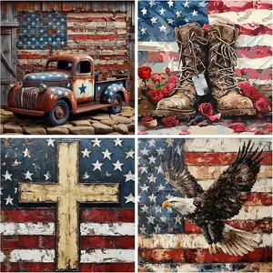 5D Full Drill Diamond Painting 4-Pack, Vintage American Flag Art, Patriotic Truck Boots Cross Eagle DIY Wall Decor Set