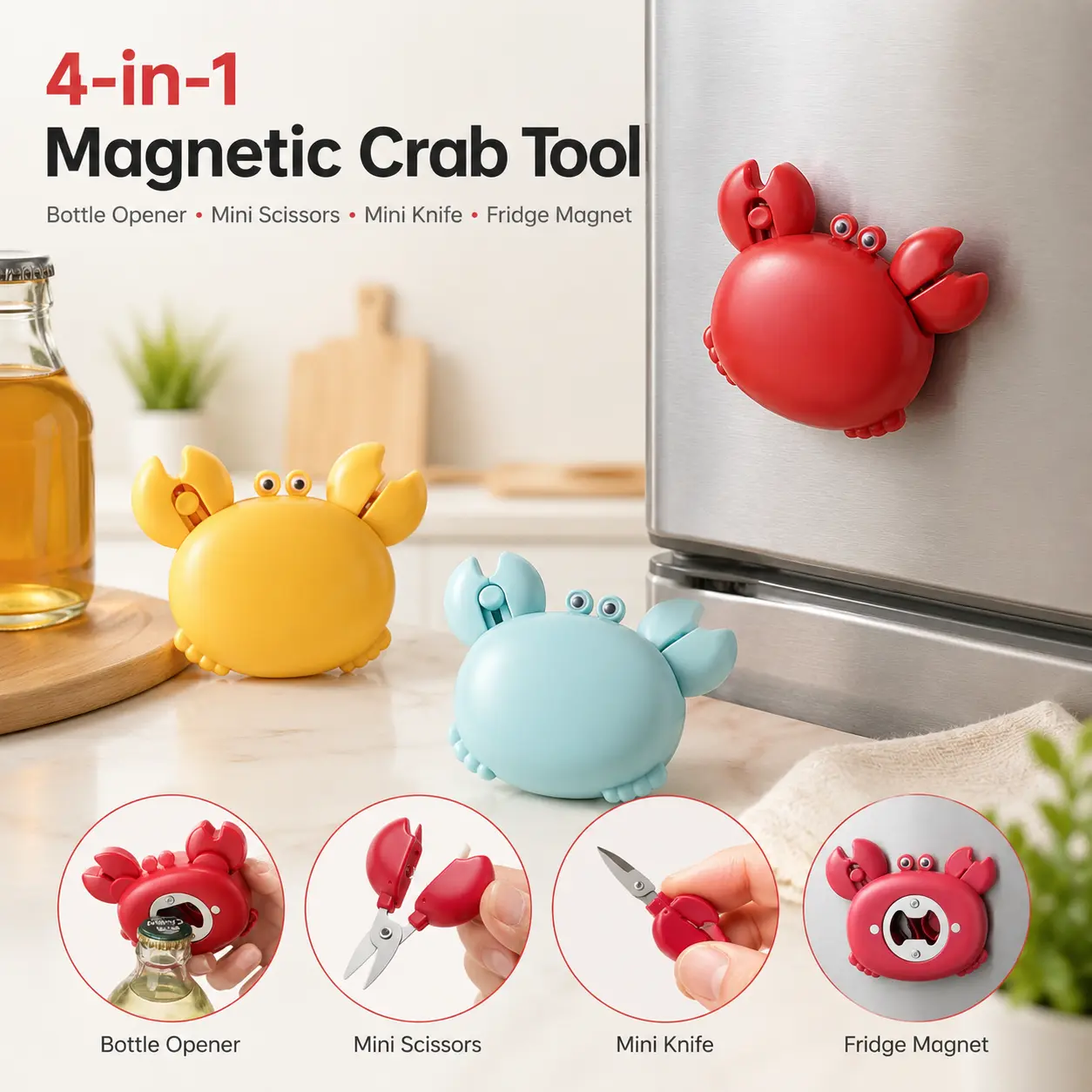 4-in-1 Magnetic Crab Bottle Opener, Cute Fridge Magnet Kitchen Tool with Mini Scissors & Package Cutter, Portable Bottle Cap Opener for Snack Bags, Packages, Home Kitchen, Bar, Picnic, Party