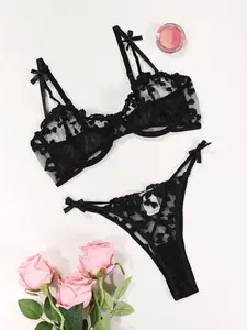 Women's Heart Embroidery Bow Decor Sheer Lace Sexy Lingerie Set, Sexy Criss Cross Backless Lace Bra & Panty , Women's Sexy Underwear Sets for All Seasons