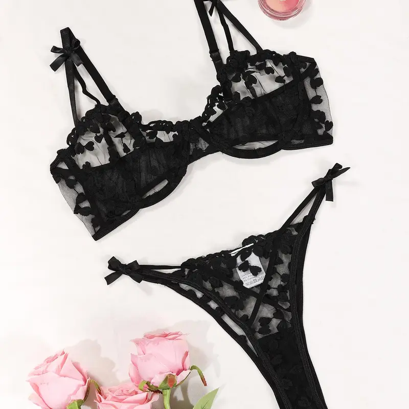 Women's Heart Embroidery Bow Decor Sheer Lace Sexy Lingerie Set, Criss Cross Backless Bra & Panty, Fitted Underwear for All Seasons Clothing