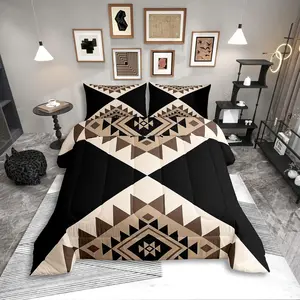 Black Beige Abstract Bedding Set,Modern Boho Western Aztec Comforter Set for Adult Women Men Geometric Stripes Bed Set,Minimalist Stylish Art Southwestern Quilt Sets