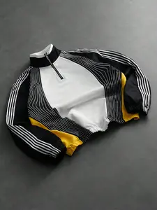 Men's Young Street Style Sporty Hoodie, Stand Collar Half Sleeve Pullover, Modern Sports Design, Lightweight, Easy Care, Unisex Casual Wear