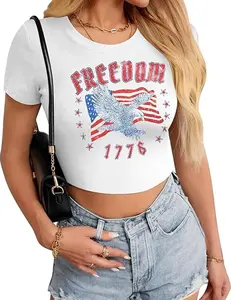 Freedom Eagle 1776 Patriotic Baby Tee, Women’s Cropped 4th of July Shirt, American Flag Eagle Graphic Crop Top Women's Micro Rib Baby Tee