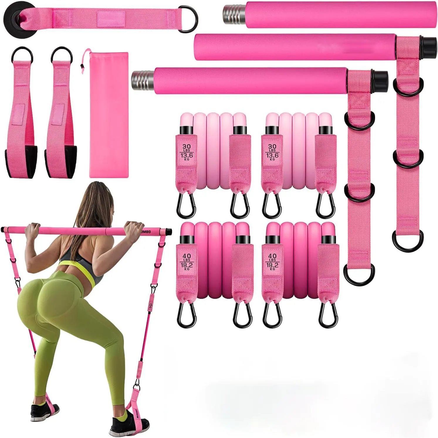 Bar Set with 6 Resistance Bands 180LBS Multi Functional Fitness Puller Yoga and Fitness Equipment Home Pilates Suitable for Home Gym Works Legs Glutes Waist and Arms