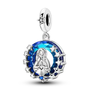 MULA 925 Silver-plated Virgin Mary crystal ring pendant | Suitable for Pandora bracelets | Religious beliefs | Blue star ring luminous design | Prayer and blessing jewelry | Gift selection