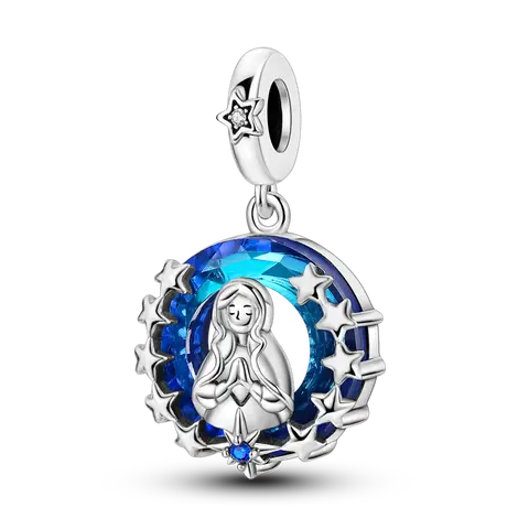 MULA Virgin Mary Charm with Blue Crystal Ring & Star, S925 Silver Plated, Praying Hands Religious Dangle Bead, Fits Most Bracelets & Necklaces, Christian Gift for Her, Baptism, Confirmation, DIY Jewelry