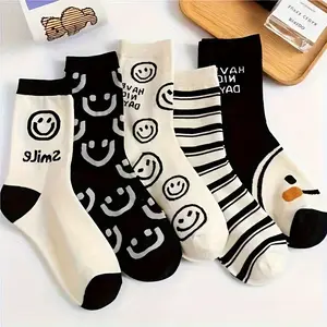 5 pairs of smiley face print socks, comfortable and breathable mid-tube socks, women's stockings and socks