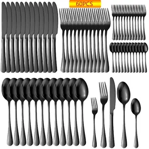 60-Piece Black Stainless Steel Cutlery Set for 12, Includes Forks, Knives and Spoons, Dishwasher Safe, Ideal for Weddings and Christmas Gifts