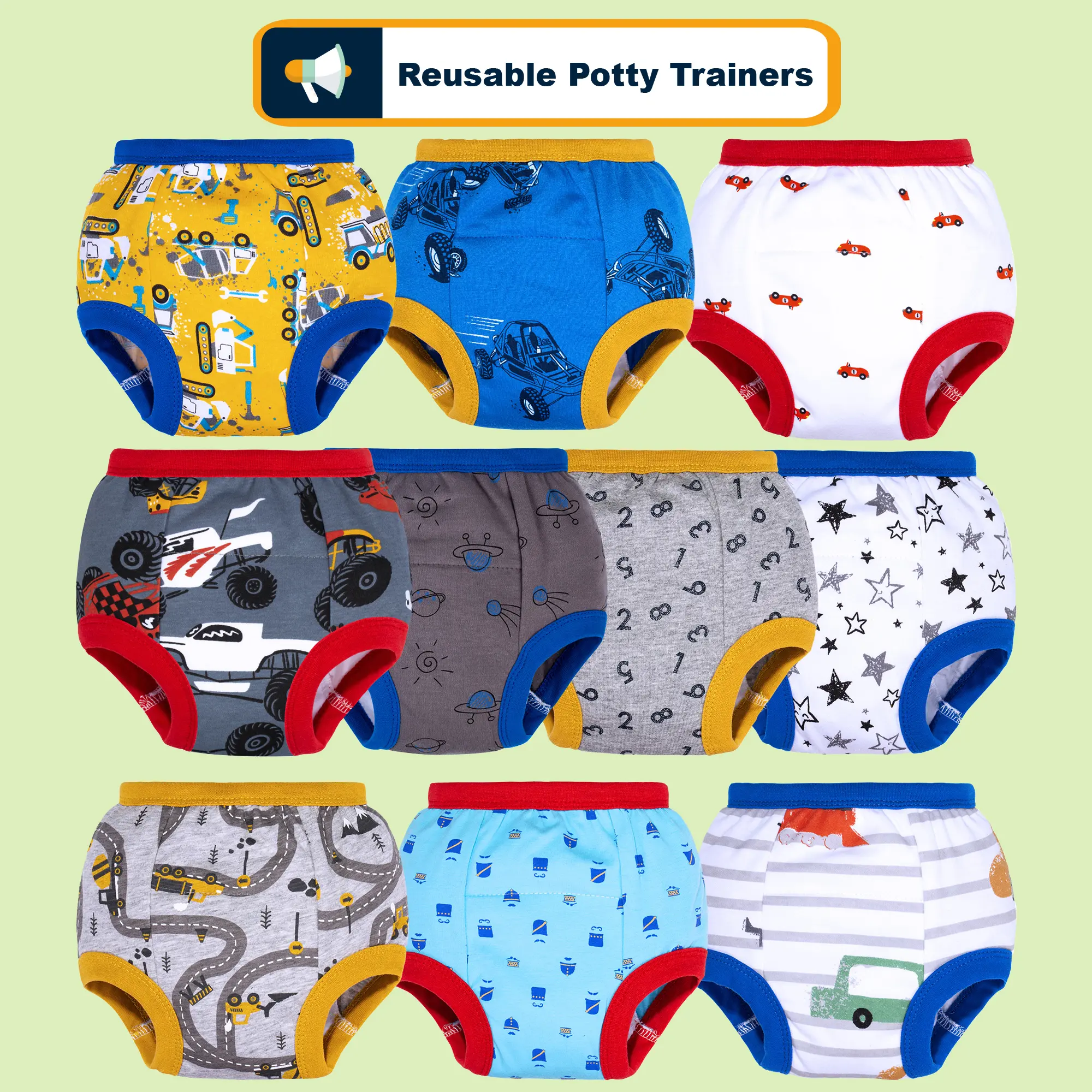 Toddler Training Underwear Unisex 10-Pack Soft Breathable Cotton Pull-On Pants, All-Over Motif Prints, Elastic Waist, Damp Sensing, for Potty Training Independent Toileting Development, Sizes 2T, 3T (2-3 Years), Soft Breathable Underwear