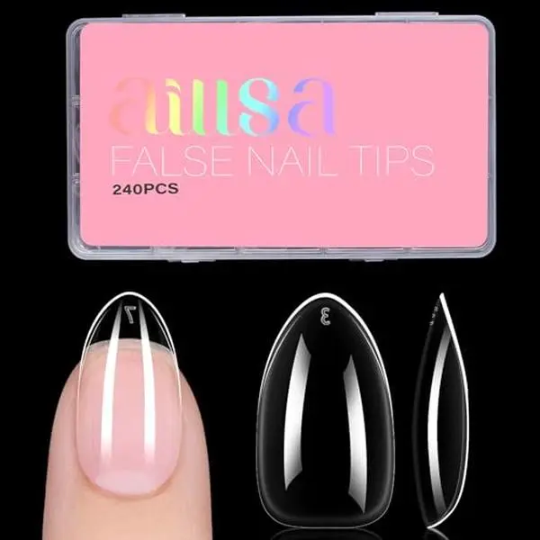 AILLSA Short Almond Nail Tips 240PCS Clear Nail Extension for Home Salon | 15 Sizes, Preshaped, Natural Nail Bed Fit, Full Cover Press On Nails, Save Time for Professional & Beginner Nail Salon