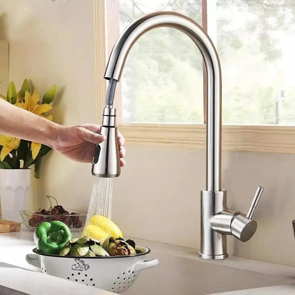 Brushed Nickel High-Arc Single-Handle Pull-Down Sprayer Kitchen Tap - Stainless Steel 360 Rotation Single Hole Faucet, 2 Water Outlet Modes, Fast Fill, Included Water Lines, for Busy Kitchen Sink Tasks, Modern RV Rinsing