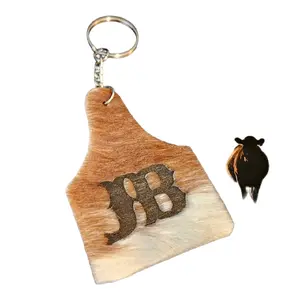 Cowhide Ear Tag Keychain + Western + Cowboy + Cowgirl + Personalize + Rodeo + Cattle Tag