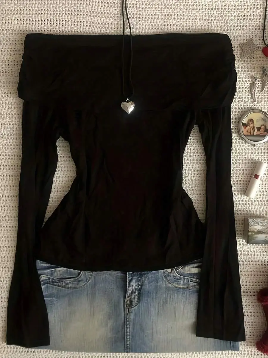 Casual Solid Color Off Shoulder Long Sleeve Top Black Spring, Y2K Aesthetic