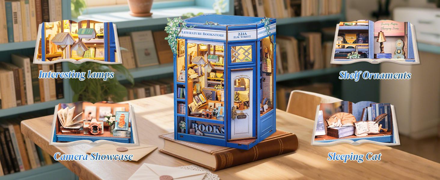 Literature Bookstore DIY Book Nook Kit - Miniature House with Sensor LED Light for Adults & Teens, Bookshelf Decor Tiny Library, Stress Relief Handmade Craft, Perfect Birthday & Holiday Gift for Lovers Family