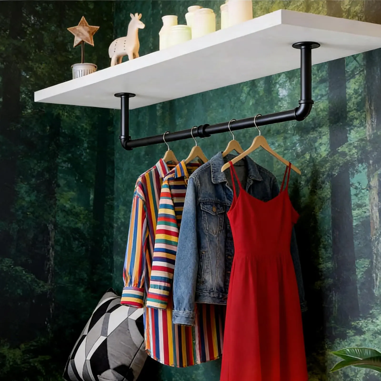 SURUI Industrial Heavy-Duty Metal Pipe Wall-Mounted Hanging Rack - 36/72 in, 25kg Capacity, Easy Installation, Laundry Room/Garage Organizer for Hangers,Irons,Accessories,Pouch, Living Rooms Tidy Zone (Black Friday Deal), Clothes Rack