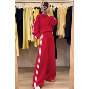 Fiery Red Varsity Striped Detail Cropped Pullover Wide Leg Pants 2pcs Outfit