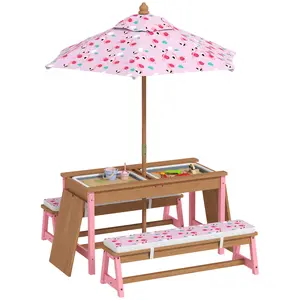 Picnic Table Set – Pink. Flamingo Theme + Foldable Umbrella + Removable Cushions + 2 Storage Boxes. Converts to Sandbox/Water Box. Fir Wood. Seats 4