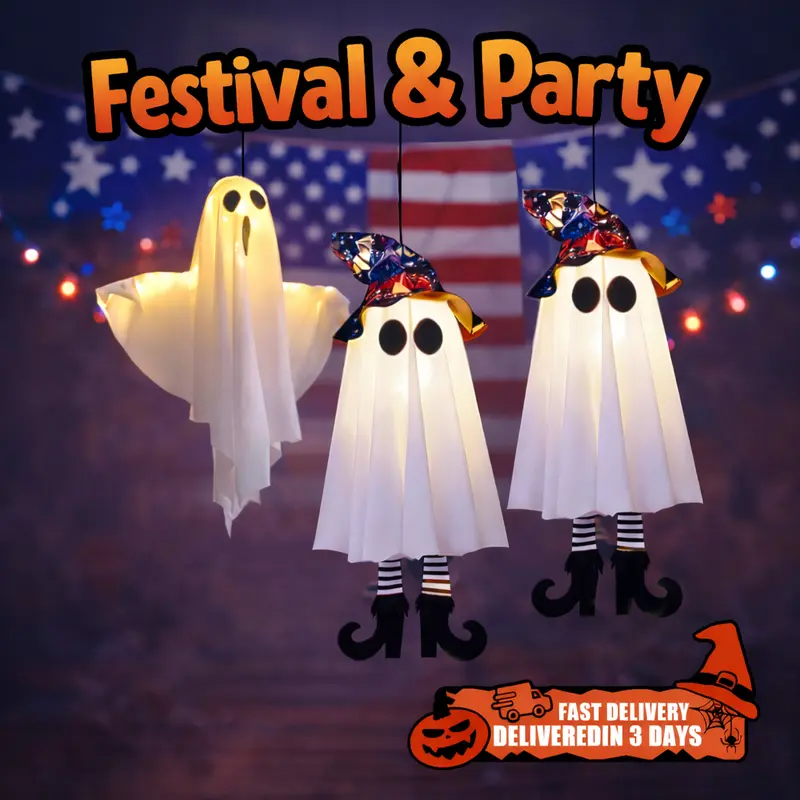 3 Pcs Pack White Ghost LED Hanging Ornaments - Decorative LED Lights, Spooky Glowing, Easy to Use, Festival Night Decor for Indoor Outdoor Garden Yard Porch Tree Halloween Supplies