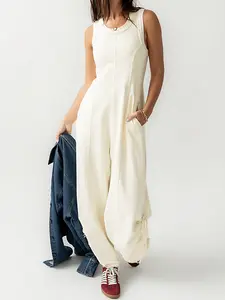 Knit Jumpsuit in Cream Wide Leg Lightweight Knit Back Zip Pockets Women's Fashionable All-Season Wear