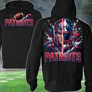 Patriots Warrior Football 2 Sided Hoodie, Usa Football Player Sweatshirt, Sports Apparel, White & Blue Helmet Pullover Classic T-shirt, Graphic Printed Streetwear Top, 100% Cotton, Gift For Fans