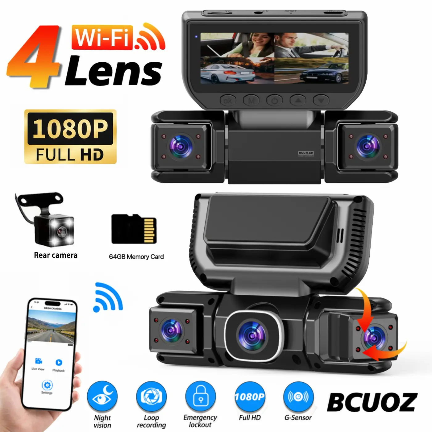 【Not wireless】BCUOZ 4-Channel 1080P Dash Cam Front and Rear  Left Right, Dash Camera for Cars, Built-in  WiFi , Free 64G Card Automotive Dashcam Interior Dashcam