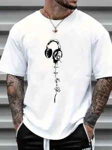 Men's music print short sleeve t-shirt, comfortable casual stretch crew neck top, graphic street style, fashionable concert wear, retro band vibe, soft and breathable summer fit, good looking men
