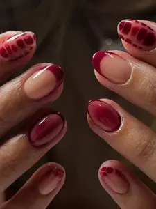24Pcs Short Oval Press-On Nails | Wine Red Leopard Print French Tips