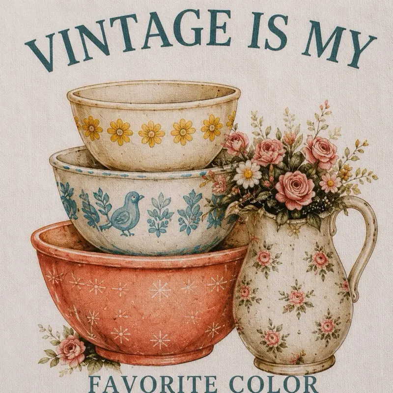 Vintage Is My Favorite Color Cotton Tea Towel – Floral Teacup Farmhouse Kitchen Tow