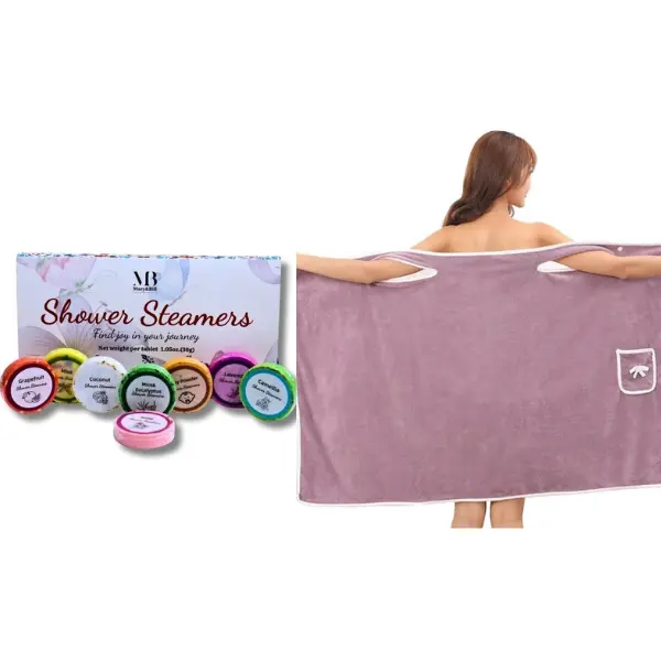 Home Spa Gift Set – Coral Fleece Shower Wrap & 8pc Aromatherapy Shower Steamers for Relaxation & Self-Care