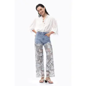 Embroidery High Rise Wide Leg Lace Denim Jeans With Rhinestone