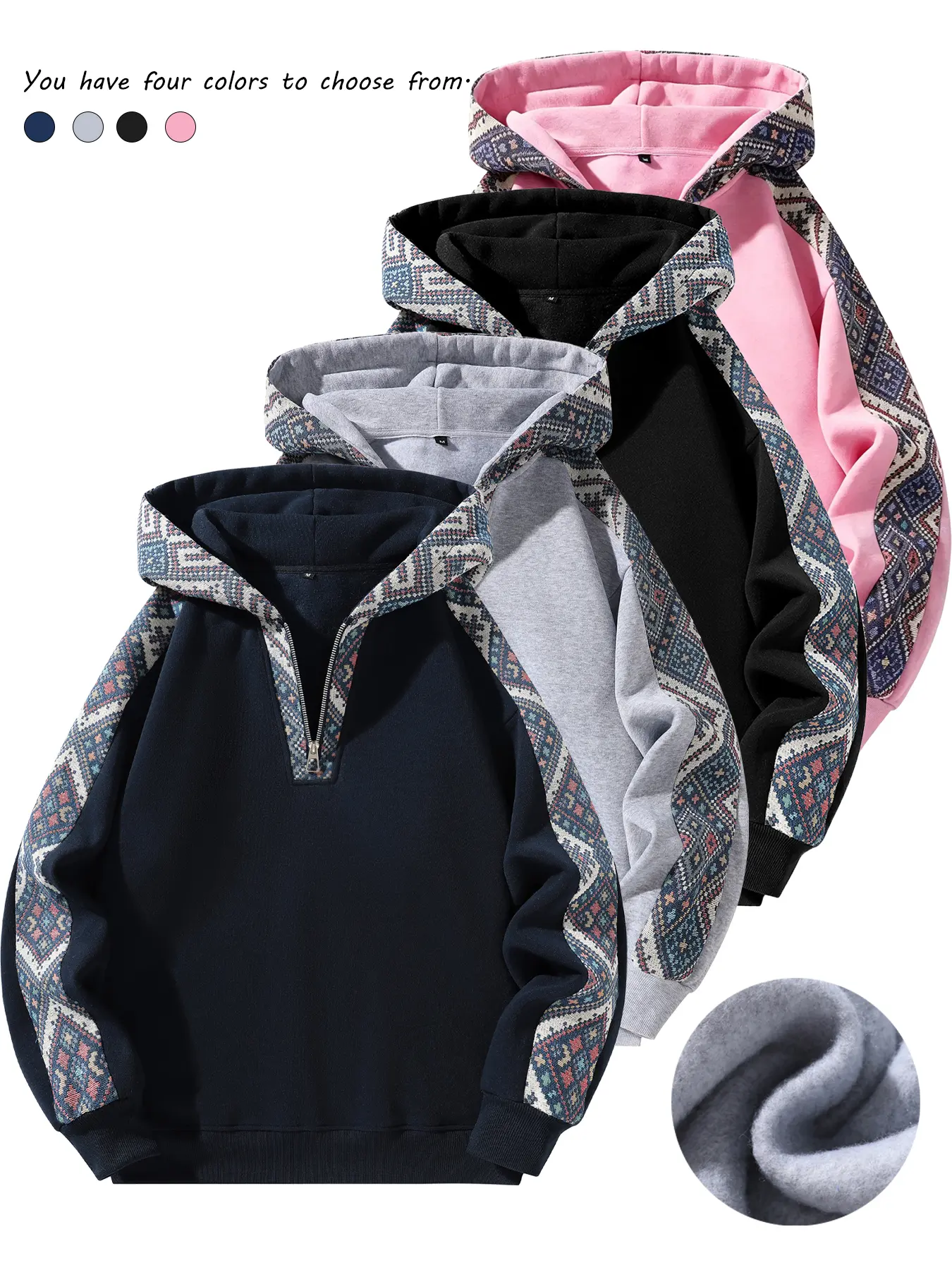 Men’s loose-fit fleece long-sleeve zip-front hooded sweatshirt — black polyester top, casual sportswear with distinctive pattern.Back-to-school season